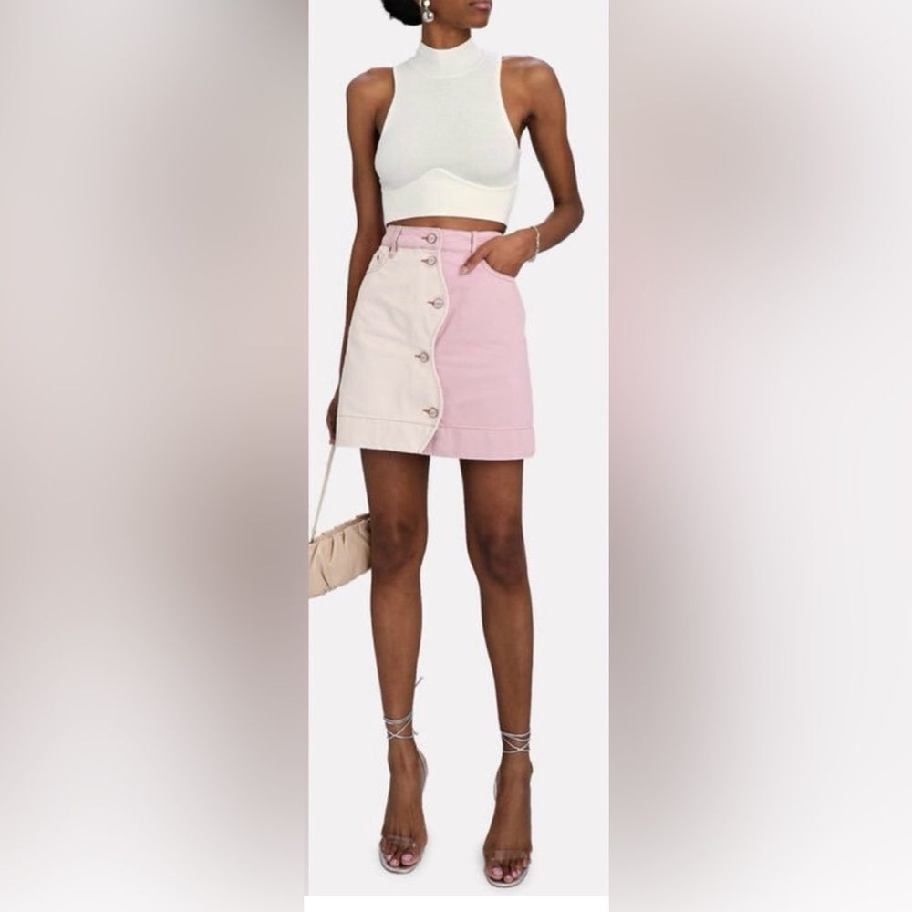 GANNI Cream Light Lilac Wavy Cutline Streetwear Organic Denim Mini Skirt 38 - Picture 3 of 13